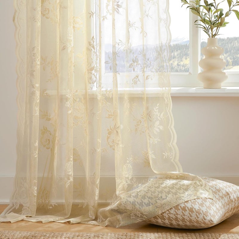 SEEKRIGHT Beige Lace Curtains 80 Inches Long Victorian Floral Lace Curtains for Living Room Bedroom Decor Rod Pocket Light Filtering French Window Curtain 2 Panels Set for Dining Room, 52x80 - Image 4